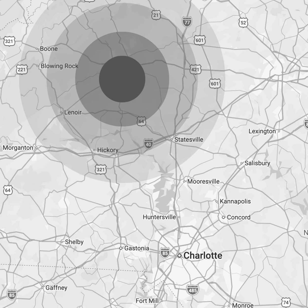 Map of the Charlotte / North Carolina metro area showing the reach of the North Carolina Prayer Community